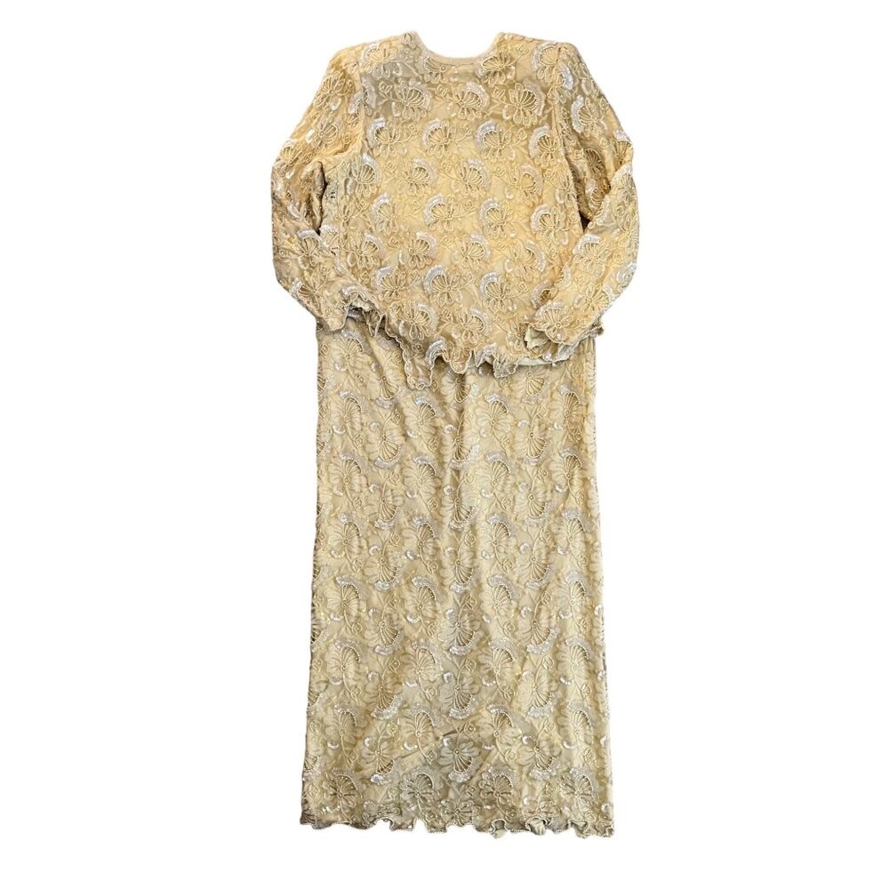 VTG Judith Ann Creations L Beaded Sequins Maxi Skirt Set Dress Formal Gold Ivory